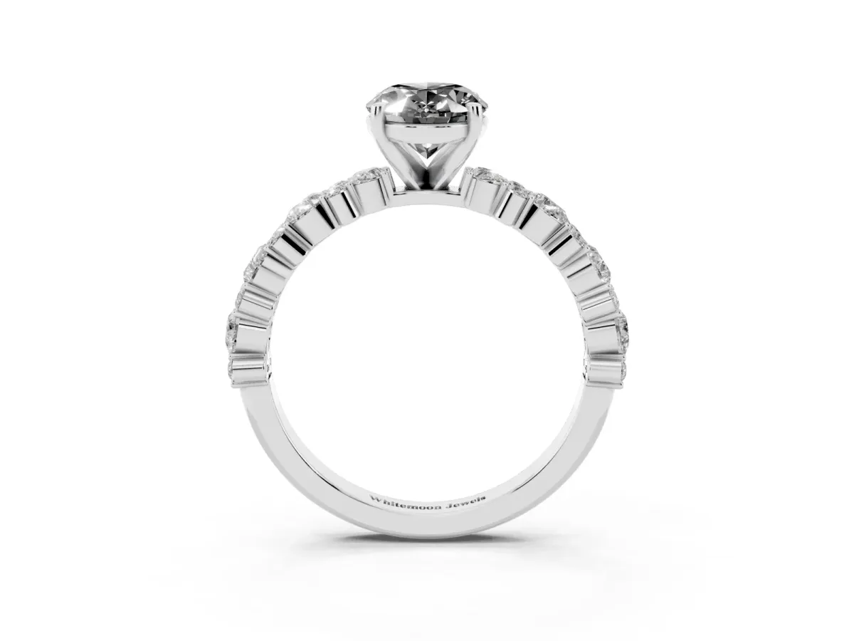 Fancy Black Oval Cut Diamond Side Stone Solitaire Ring with Round and Four-Prong Setting Silver