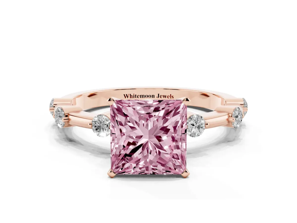 Fancy Pink Princess Cut Solitaire Diamond Ring with Bezel Set Side Stones and Prong Setting Rose gold