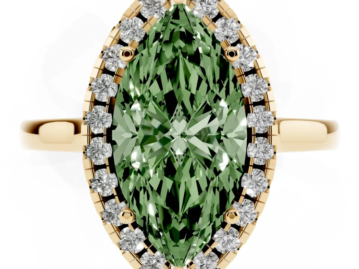 Fancy Green Marquise Cut Halo Round Diamond Solitaire Ring with Pavé Band and Four-Prong Setting Yellow gold