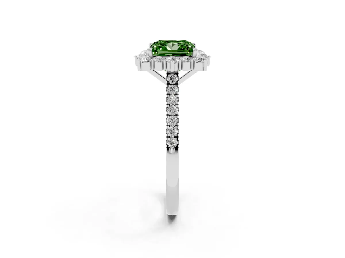 Fancy Green Princess Cut Halo Diamond Ring with Pavé Band and Prong Setting White gold