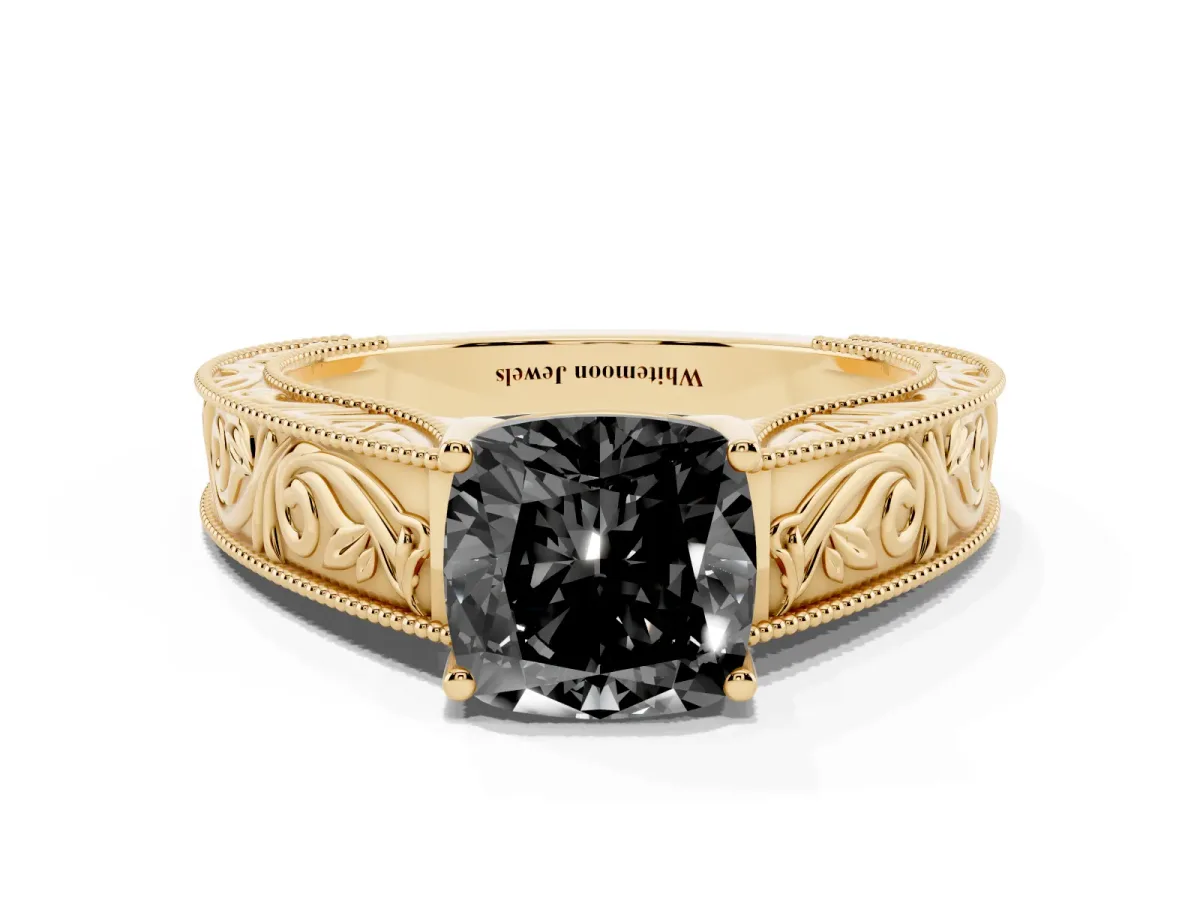 Fancy Black Cushion Cut Diamond Solitaire Ring with Engraved Band and Four-Prong Setting Yellow gold