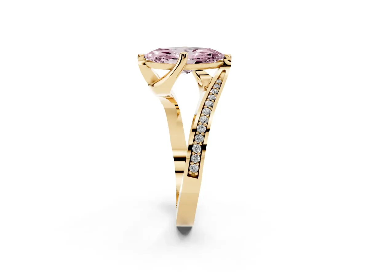 Fancy Pink Marquise Cut Solitaire Diamond Twist Band with Pavé Setting and Four-Prong Setting Yellow gold