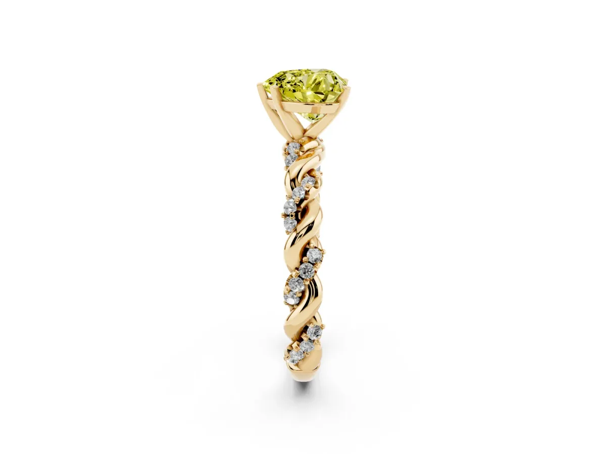 Fancy Yellow Heart Cut Diamond Solitaire Ring with Twisted Band and Pavé Accents Yellow gold