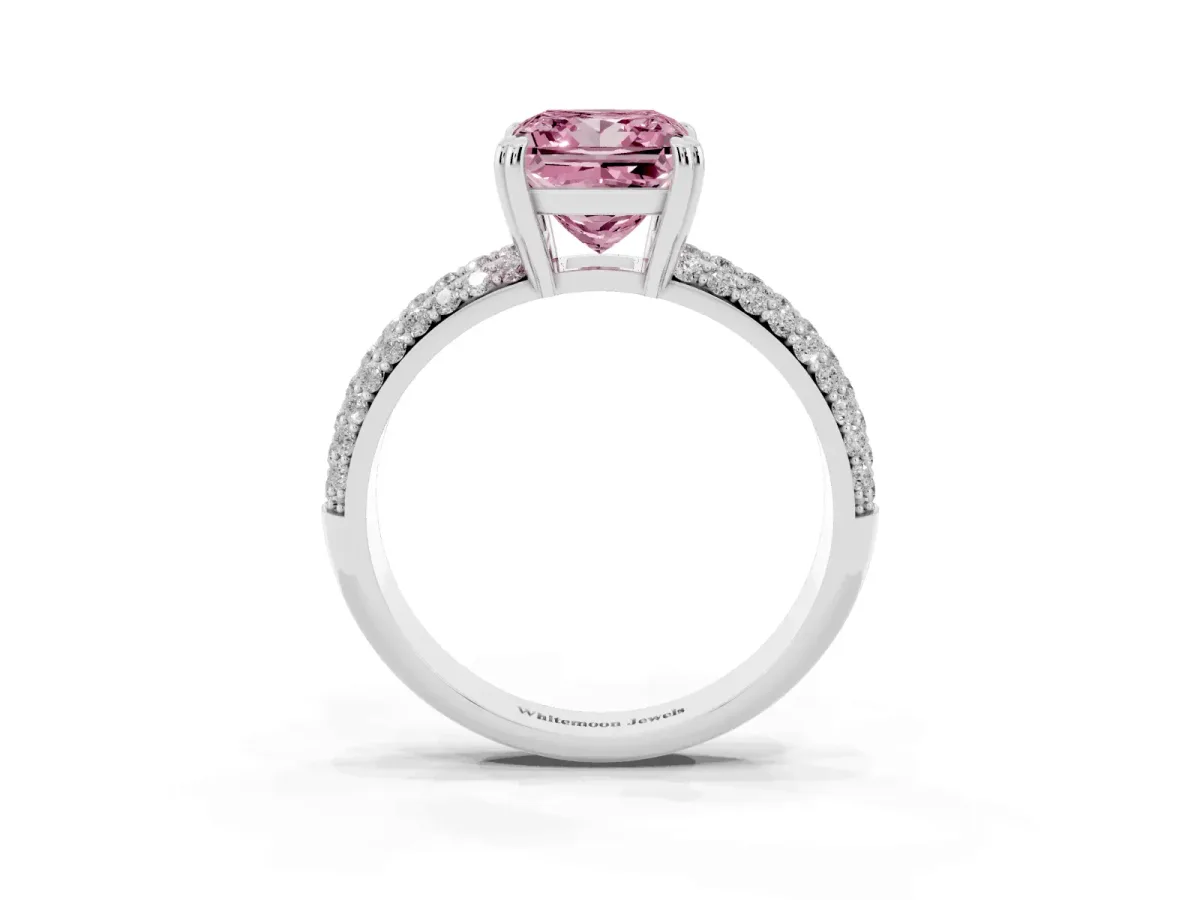Fancy Pink Princess Cut Diamond Solitaire Ring with Multi-Row Round Pavé Band and Prong Setting Silver
