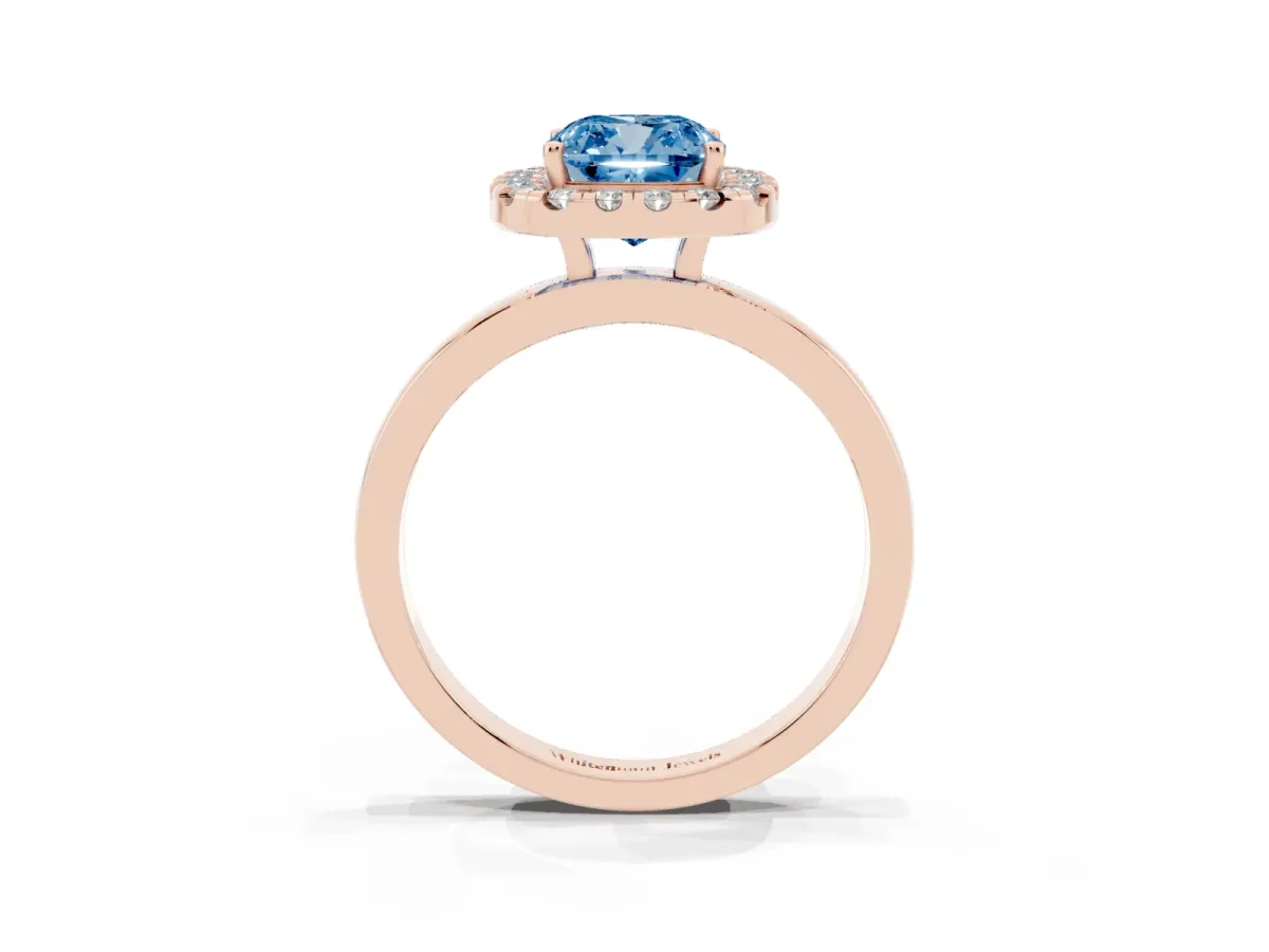 Fancy Blue Cushion Cut Halo Diamond Solitaire with Pavé Band and Four-Prong Setting Rose gold
