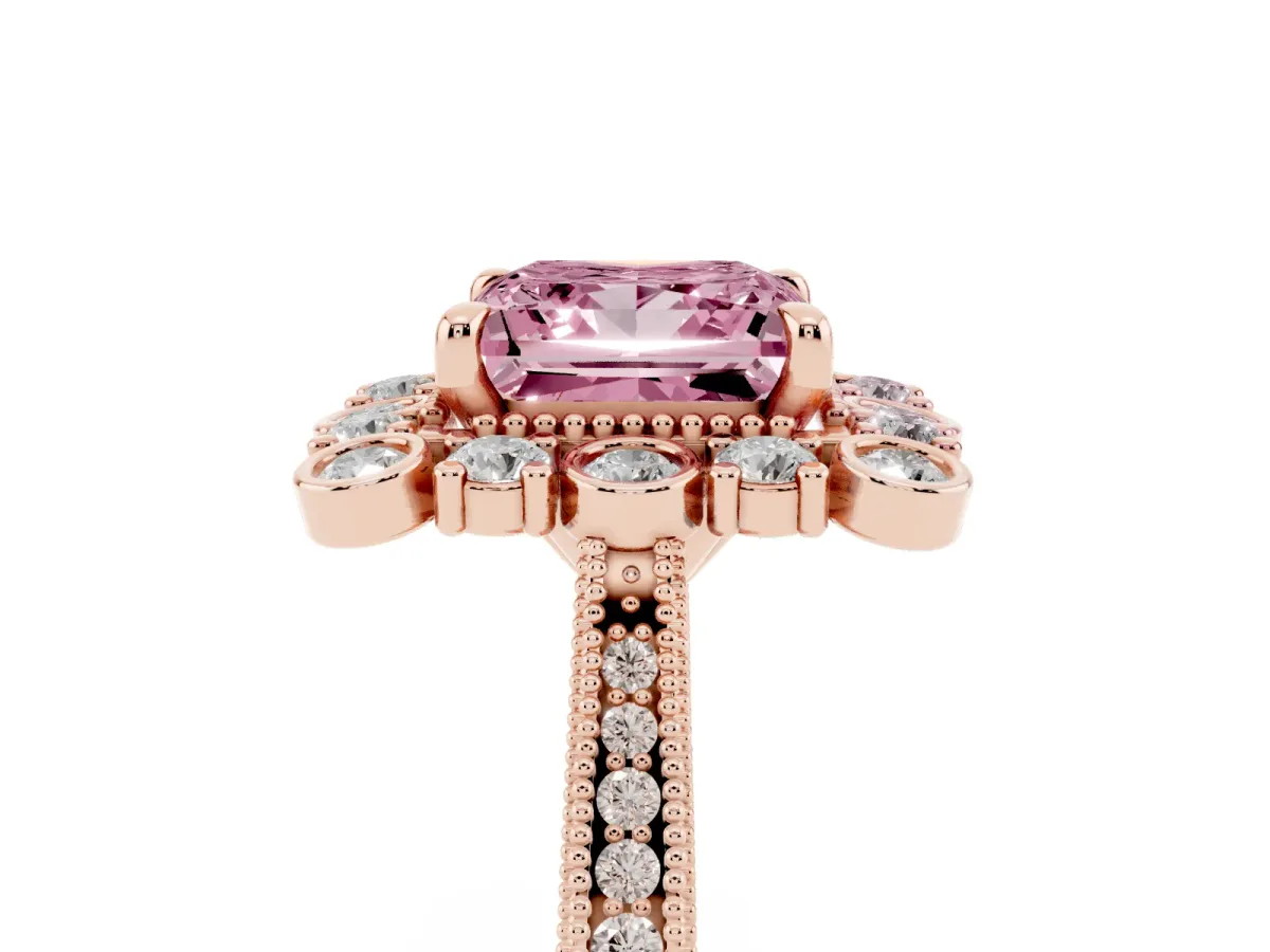 Fancy Pink Princess Cut Halo Milgrain Pave Diamond Ring with Four-Prong Setting Rose gold