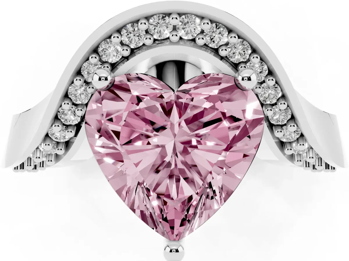 Fancy Pink Heart Cut Solitaire Diamond Engagement Ring with Pave Band and Four-Prong Setting Platinum