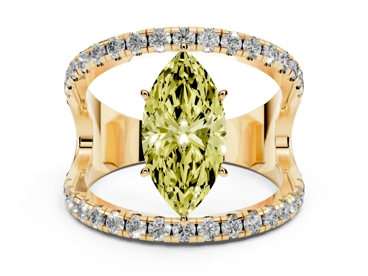 Fancy Yellow Marquise Cut Solitaire Split Shank Pave Diamond Ring Yellow gold