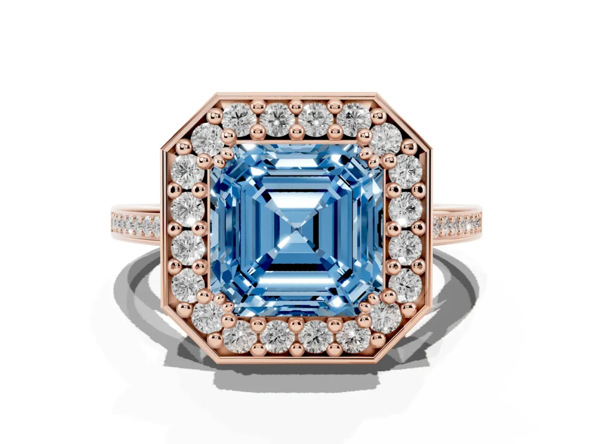 Fancy Blue Asscher Cut Diamond Halo Ring with Split Shank and Four-Prong Setting Rose gold