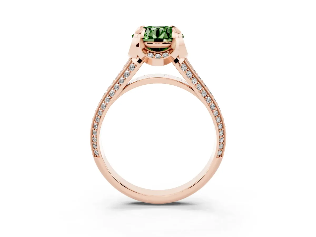 Fancy Green Round Cut Solitaire Pave Split Shank Ring with Four-Prong Setting Rose gold