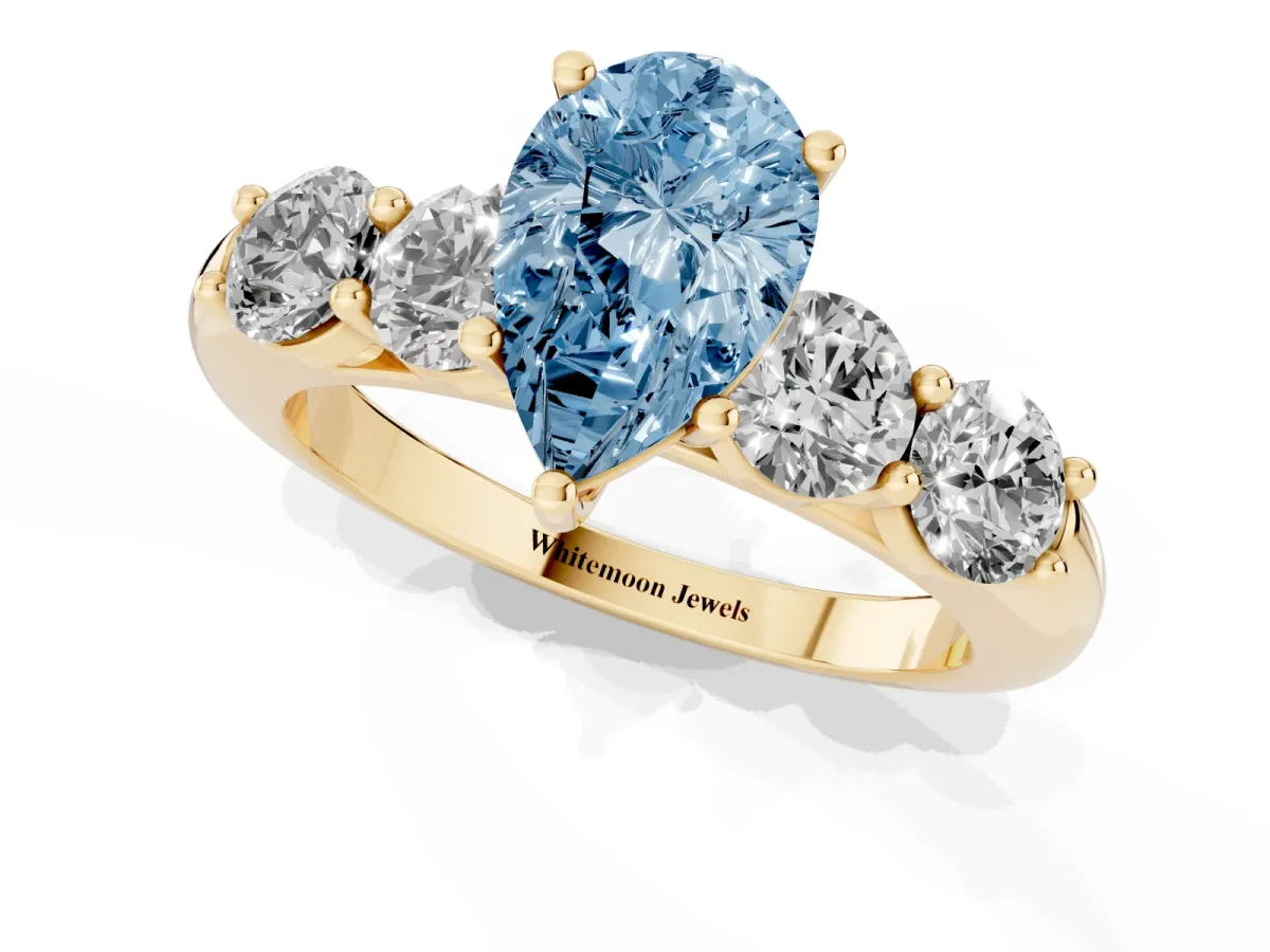 Fancy Blue Pear Cut Cut Five-Stone Prong Set Diamond Ring with Classic Band Yellow gold
