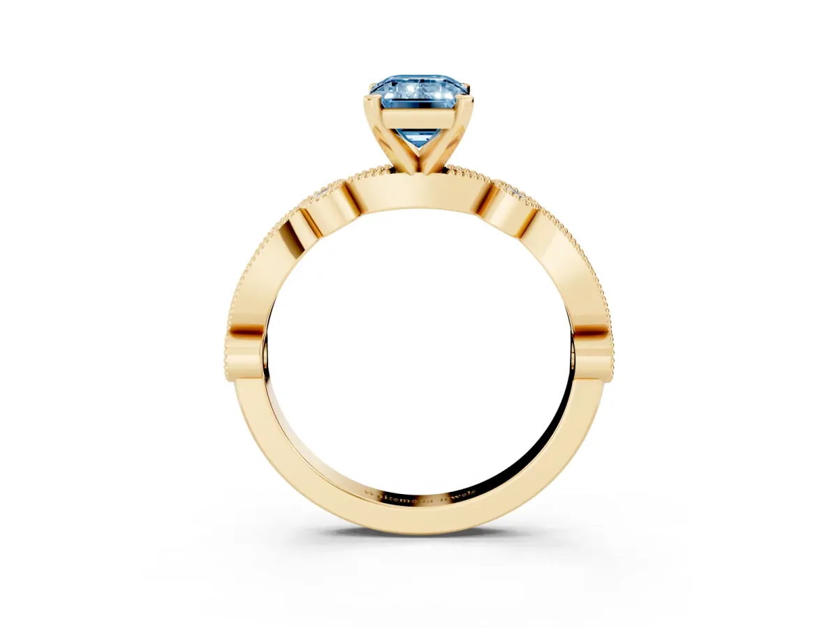 Fancy Blue Emerald Cut Milgrain Bezel Diamond Engagement Ring with Solitaire Prong Setting Yellow gold