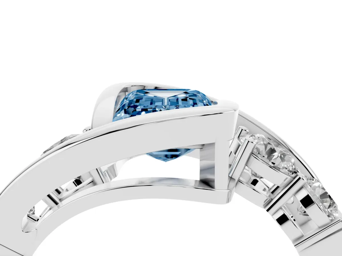 Fancy Blue Bezel Set Emerald Cut Diamond Bypass Ring with Round Accents Silver