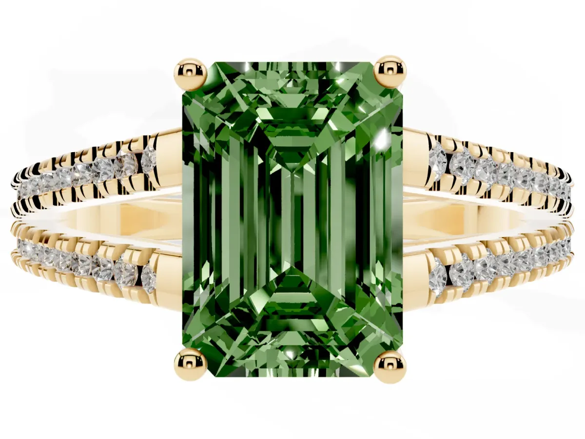 Fancy Green Emerald Cut Diamond Solitaire Engagement Ring with Split Shank Pavé Band Yellow gold