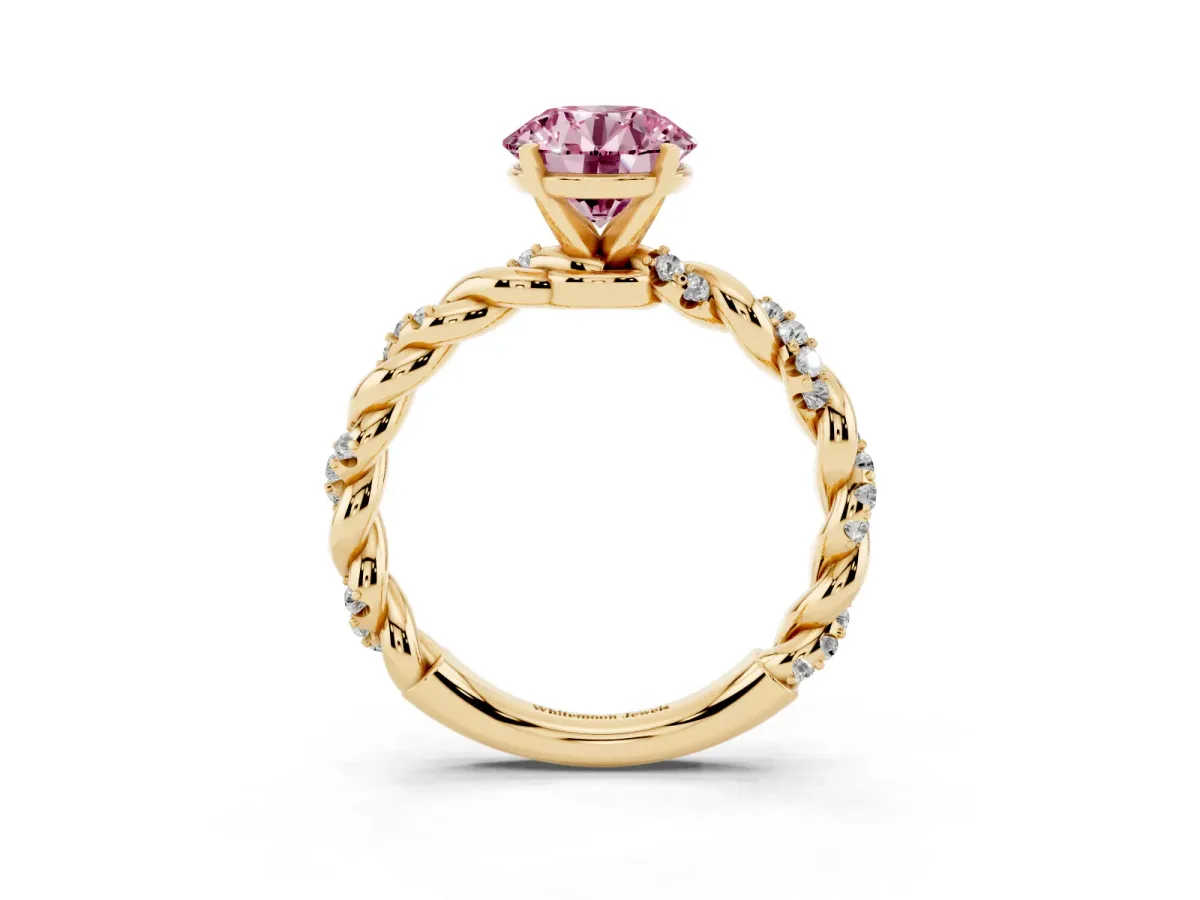 Fancy Pink Round Cut Diamond Solitaire Ring with Twisted Band and Pavé Accents Yellow gold