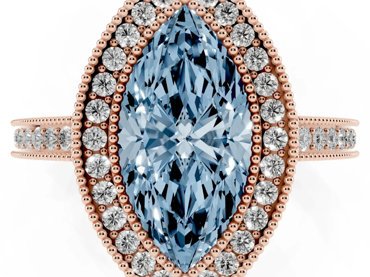 Fancy Blue Marquise Cut Cut Halo Diamond Ring with Pavé Band and Milgrain Prong Setting Rose gold