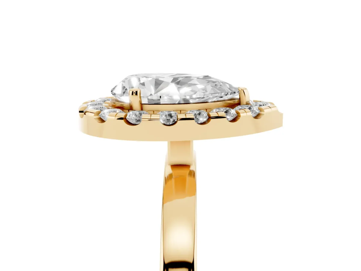 Pear Cut Halo Diamond Solitaire with Pavé Band and Four-Prong Setting Yellow gold