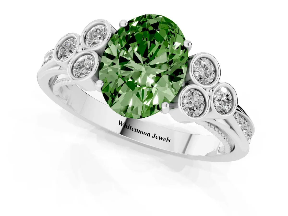 Fancy Green Oval Cut Cut Diamond Engagement Ring with Bezel Set Round Side Stones and Prong Setting Silver