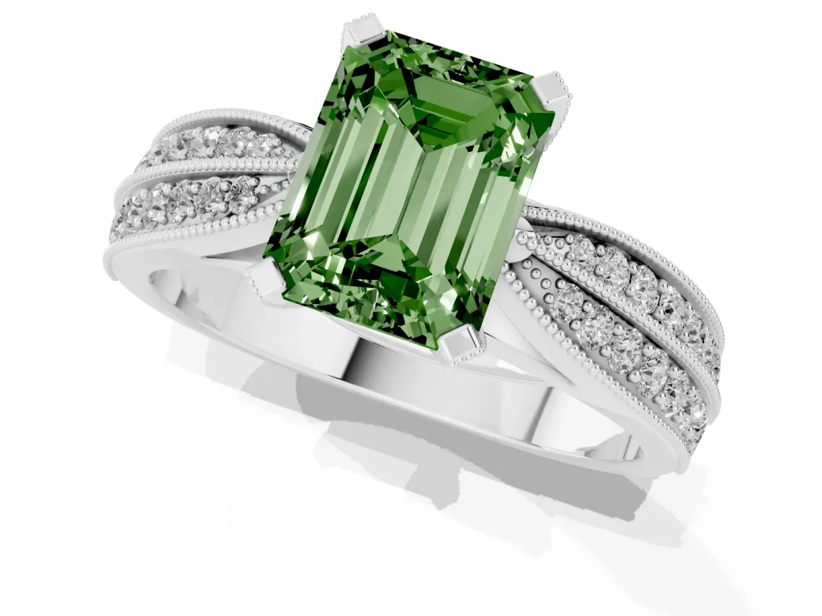 Fancy Green Emerald Cut Diamond Solitaire Ring with Milgrain Round Pavé Band and Prong Setting Platinum