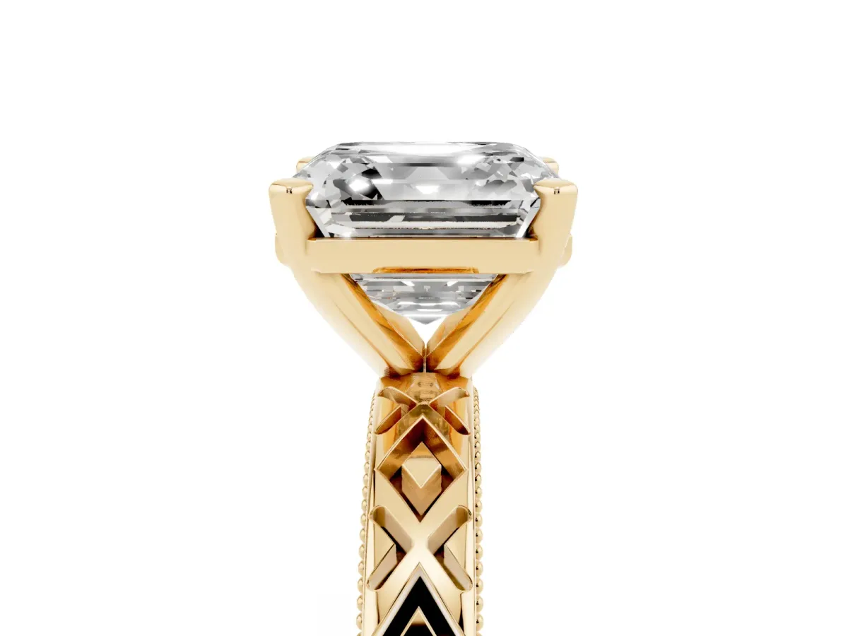 Asscher Cut Solitaire Diamond Ring with Milgrain and Black Enamel X Pattern Band Yellow gold