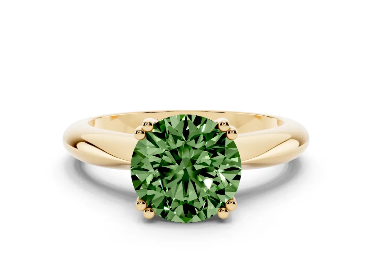 Fancy Green Round Cut Cut Solitaire Engagement Ring with Tapered Band and Four-Prong Setting Yellow gold