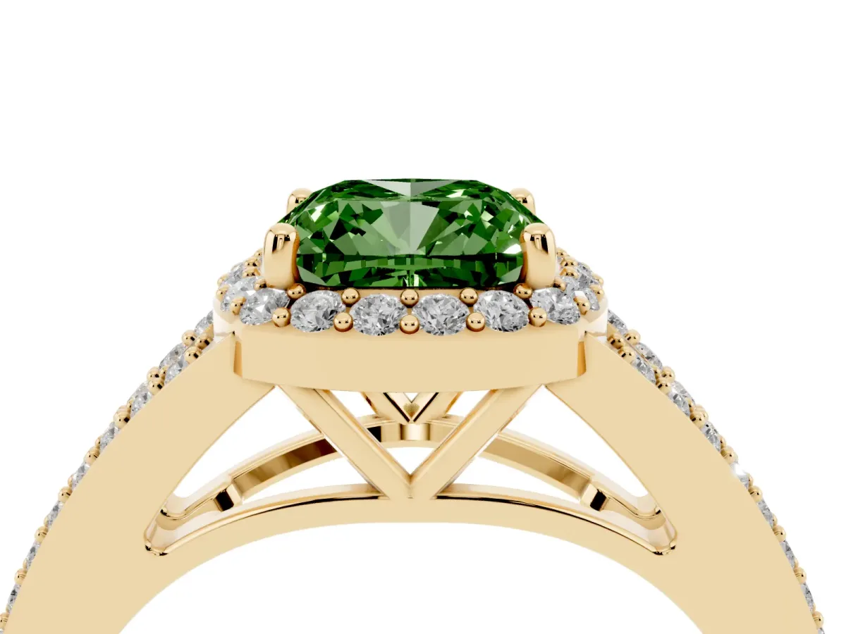 Fancy Green Cushion Cut Halo Split Shank Diamond Ring with Prong Setting Yellow gold