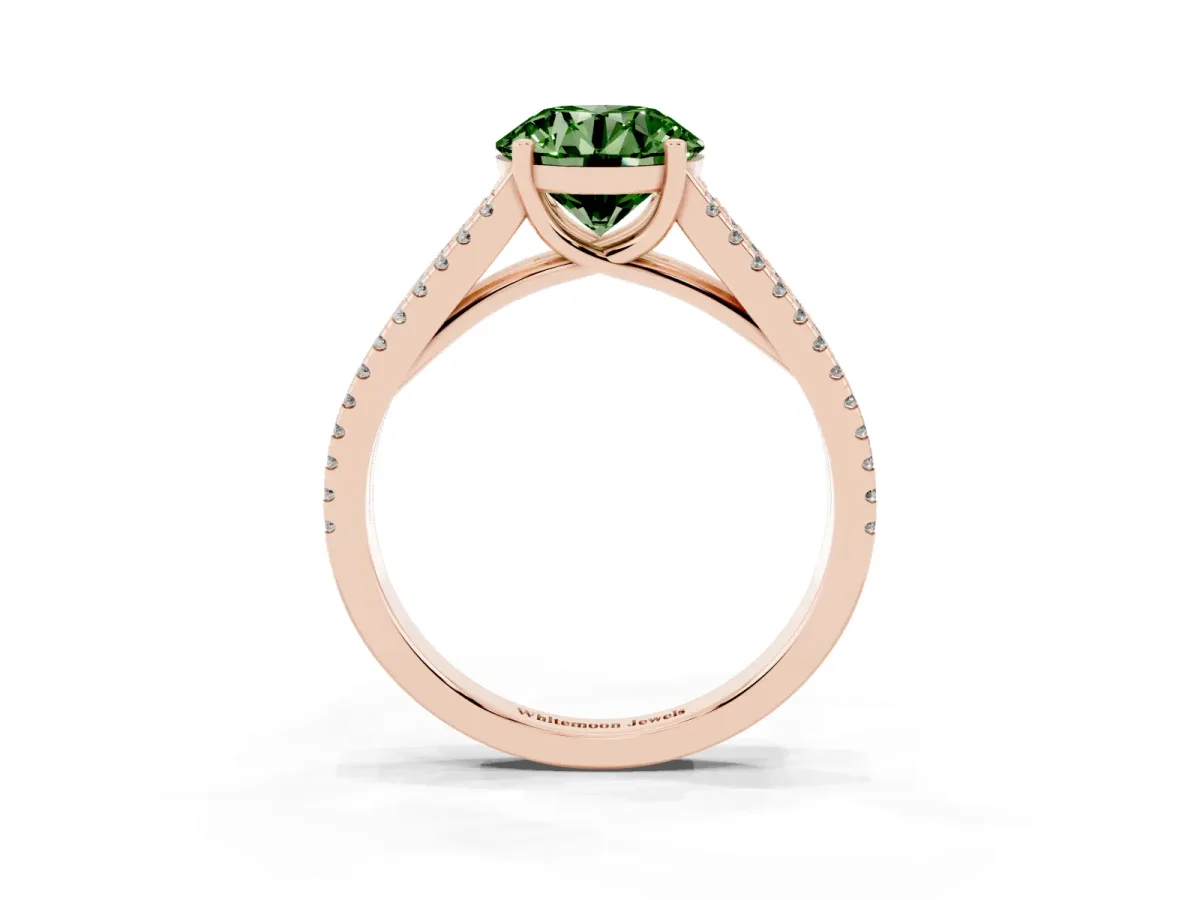 Fancy Green Round Cut Diamond Solitaire Engagement Ring with Split Shank Pavé Band Rose gold