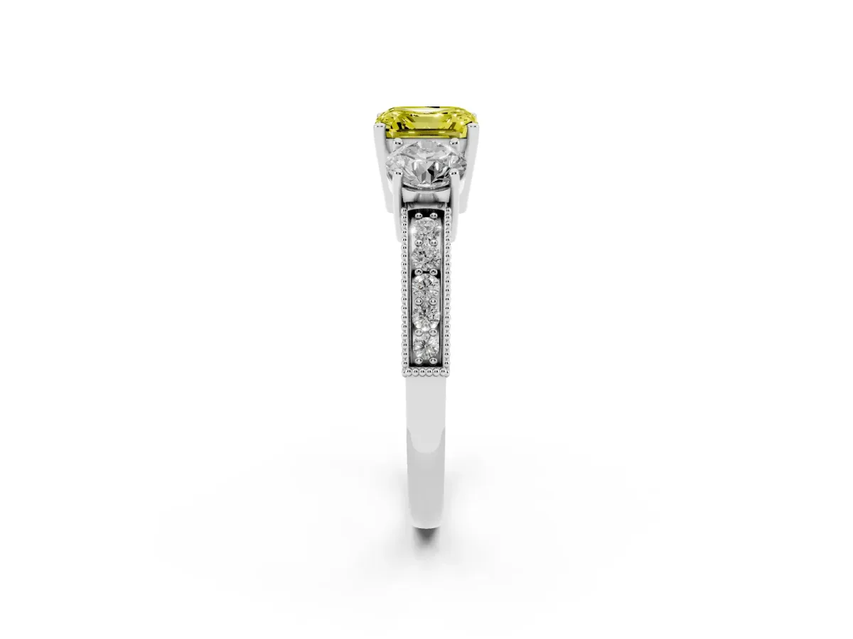 Fancy Yellow Asscher Cut Three-Stone Diamond Ring with Pavé Band and Four-Prong Setting Silver