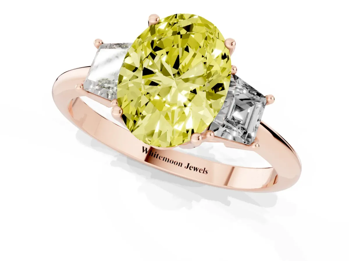 Fancy Yellow Oval Cut Diamond Three-Stone Ring with Trapezoid Side Stones and Prong Setting Rose gold
