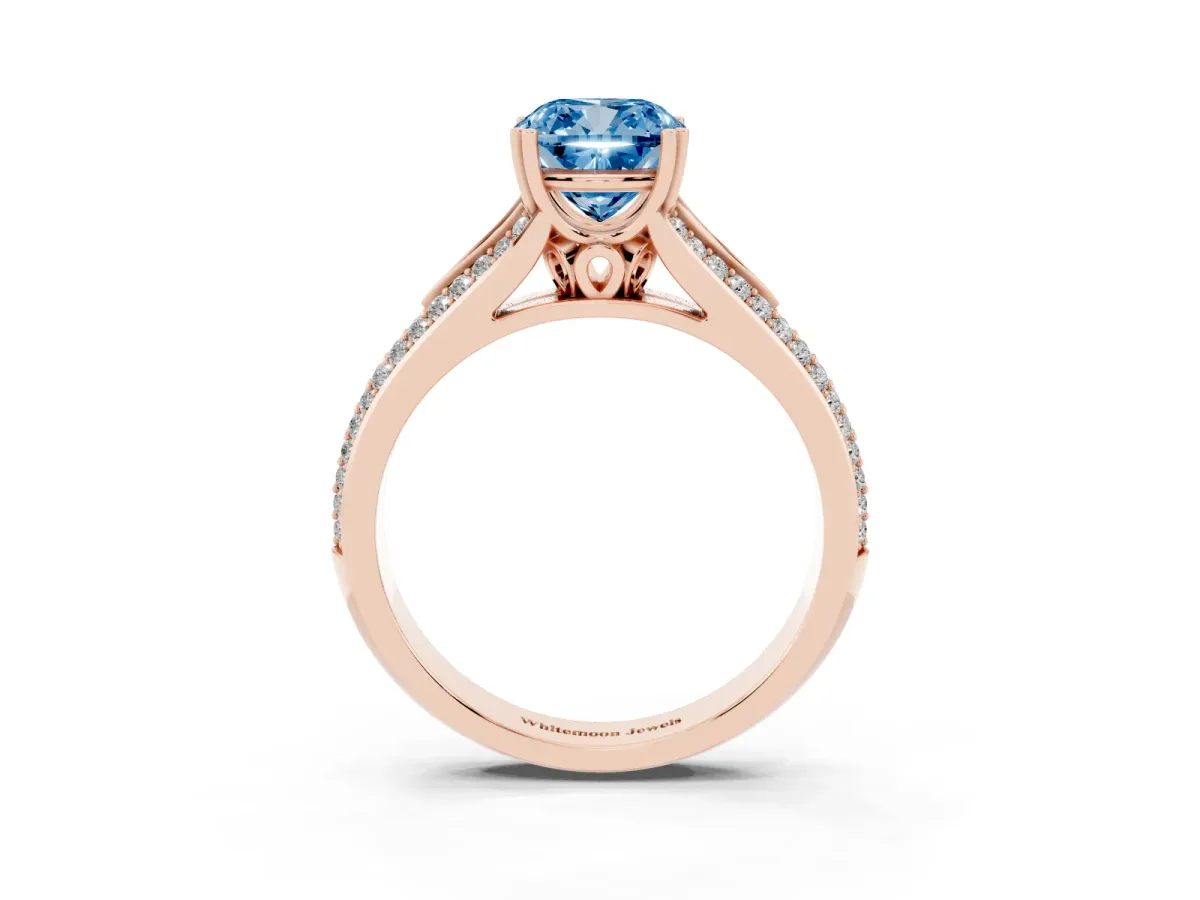 Fancy Blue Cushion Cut Diamond Split Shank Engagement Ring with Pavé Band Rose gold