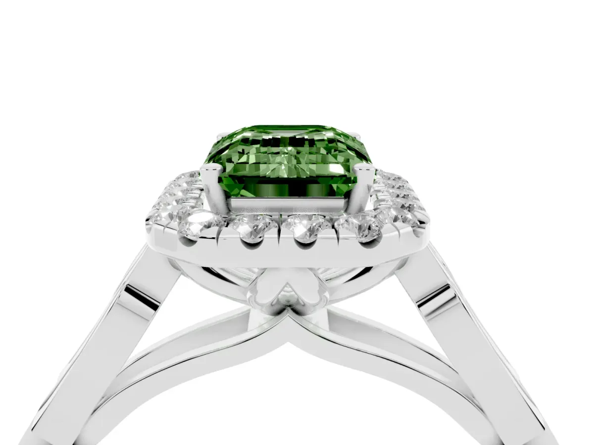 Fancy Green Emerald Cut Halo Diamond Engagement Ring with Filigree Band and Four-Prong Setting Platinum