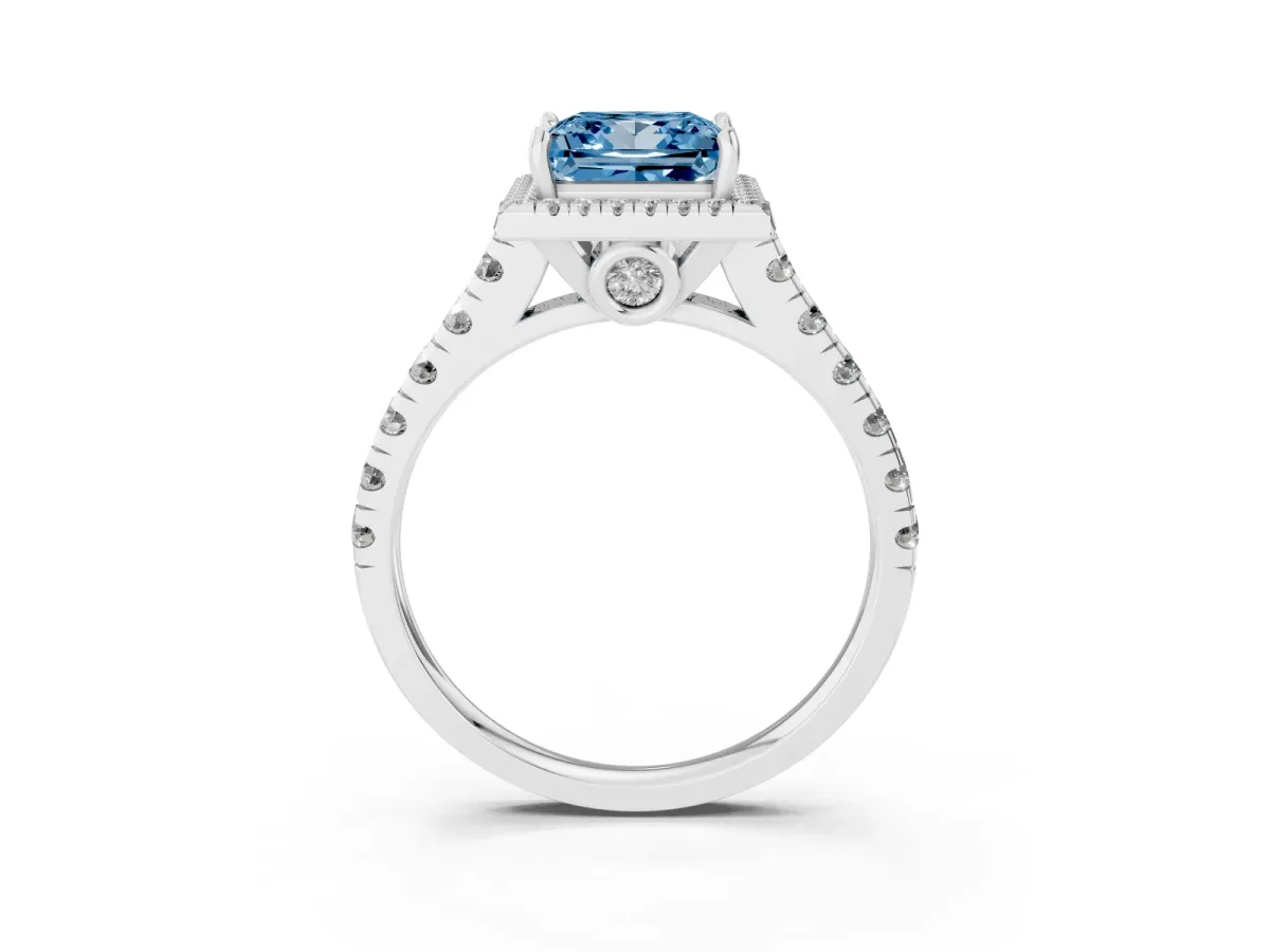 Fancy Blue Princess Cut Halo Pavé Diamond Engagement Ring with Four-Prong Setting Platinum