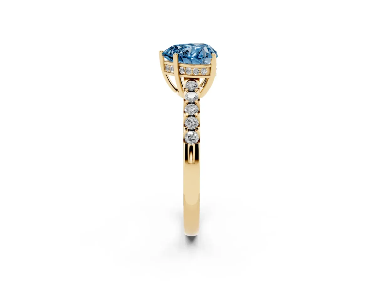 Fancy Blue Heart Cut Solitaire Diamond Engagement Ring with Pavé Band and Six-Prong Setting Yellow gold