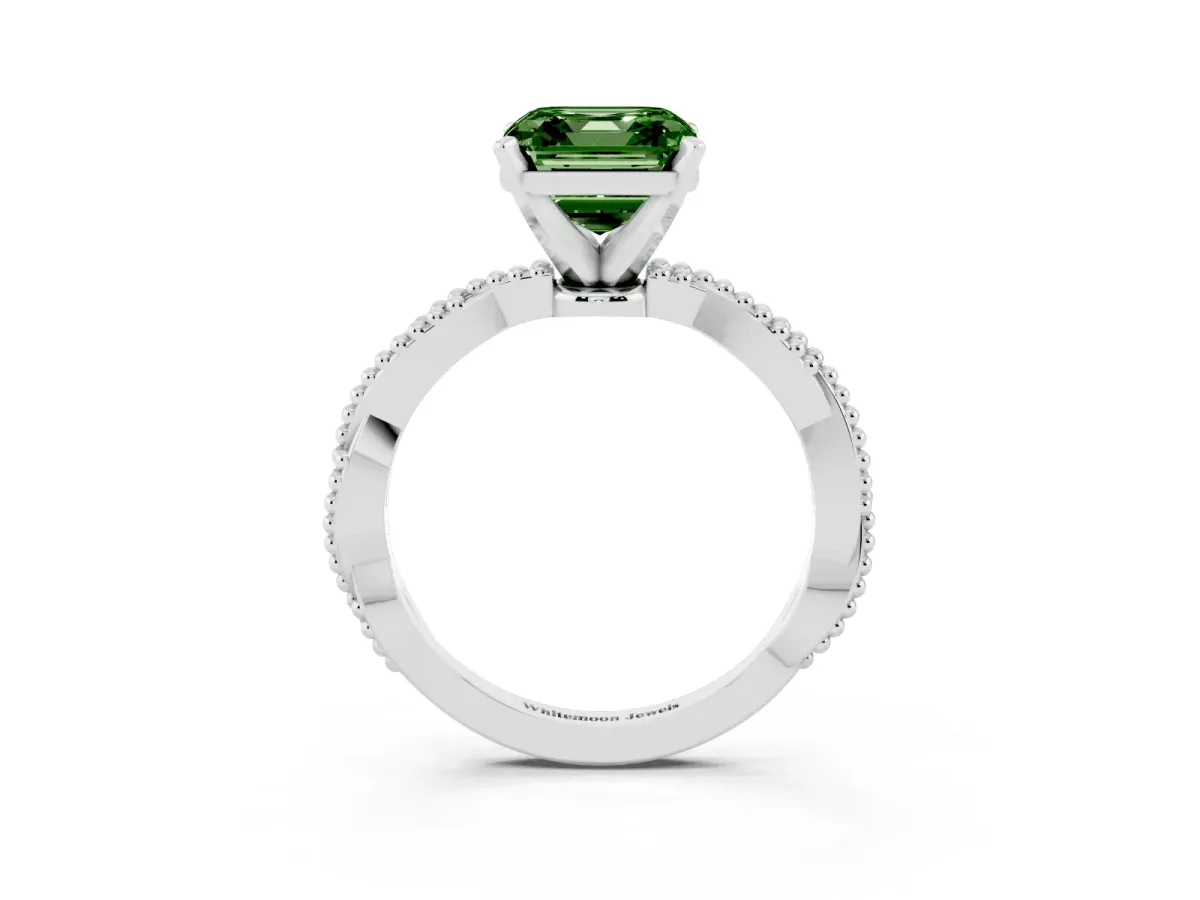 Fancy Green Asscher Cut Solitaire Twisted Band with Bead Prong Setting Platinum