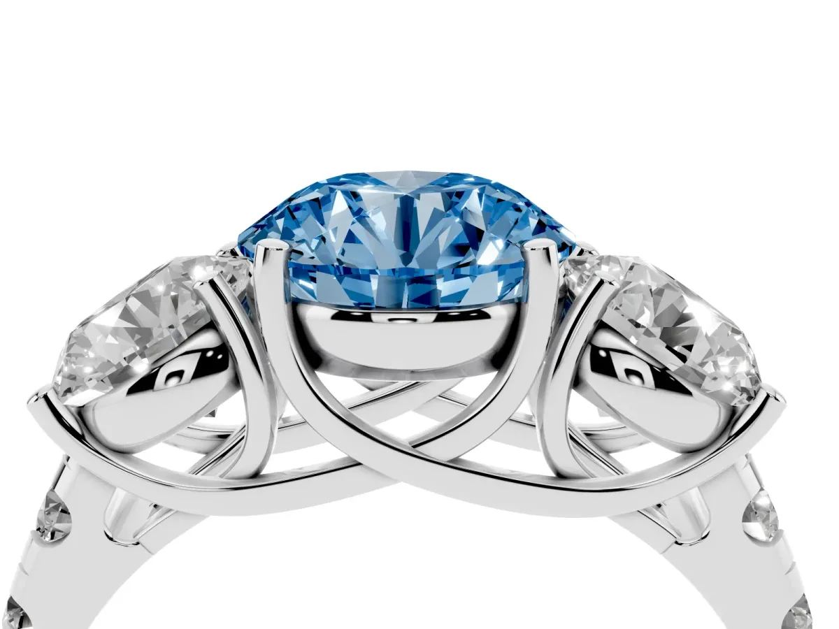 Fancy Blue Three-Stone Round Cut Diamond Pavé Band with Prong Setting Platinum