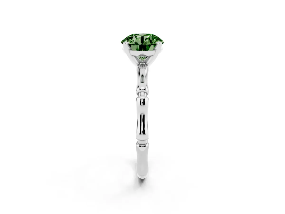 Fancy Green Round Cut Solitaire Diamond Ring with Bamboo Band and Four-Prong Setting Silver
