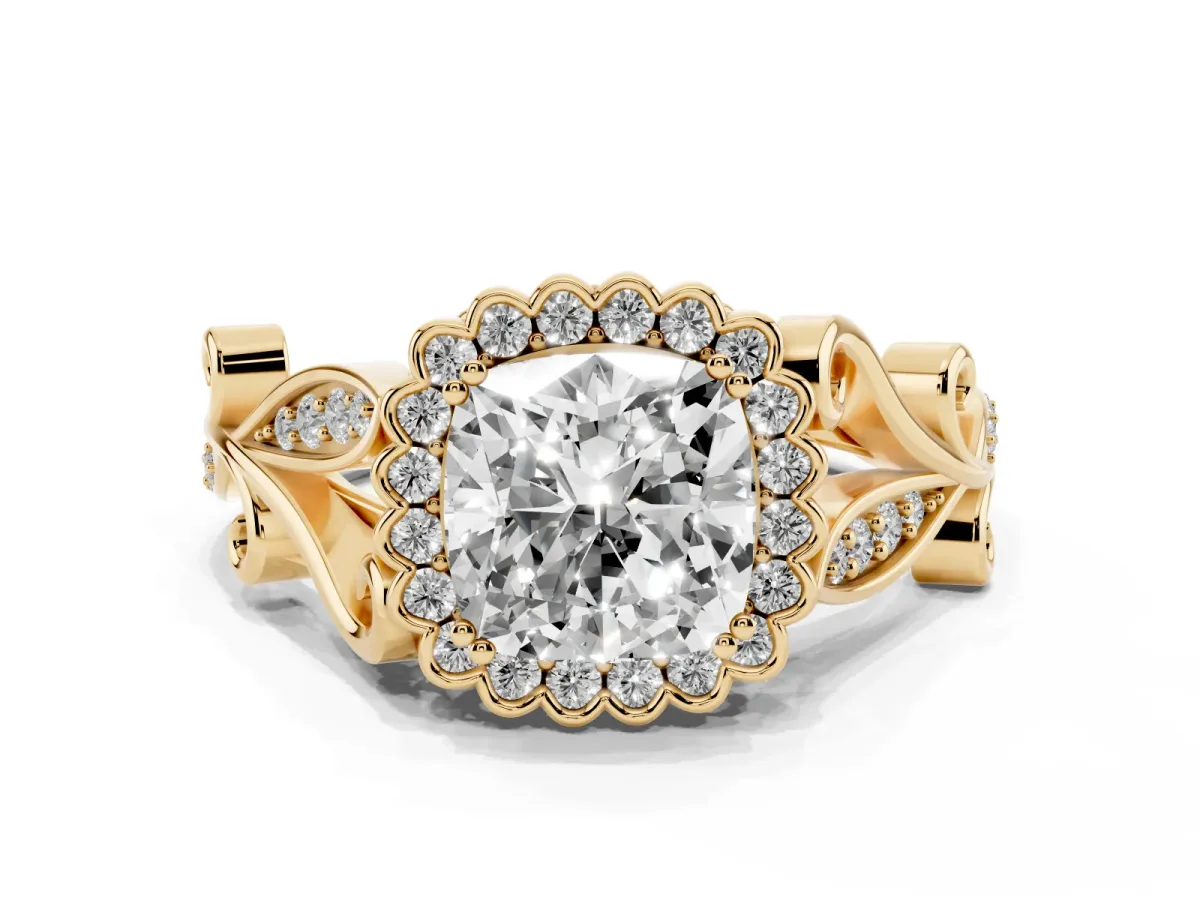 Cushion Cut Diamond Halo Ring with Vintage Split Shank and Four-Prong Setting Yellow gold