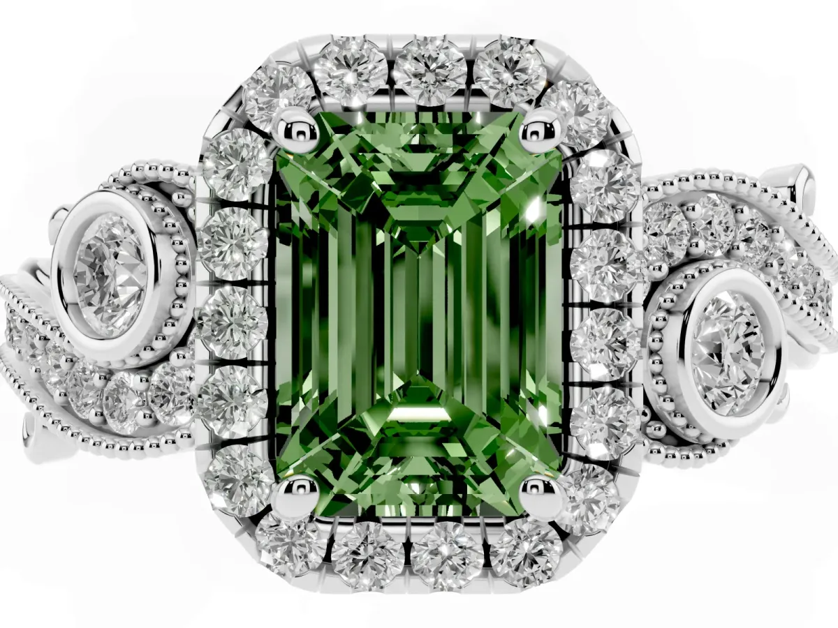 Fancy Green Emerald Cut Diamond Halo Ring with Milgrain Pavé Band and Four-Prong Setting Platinum