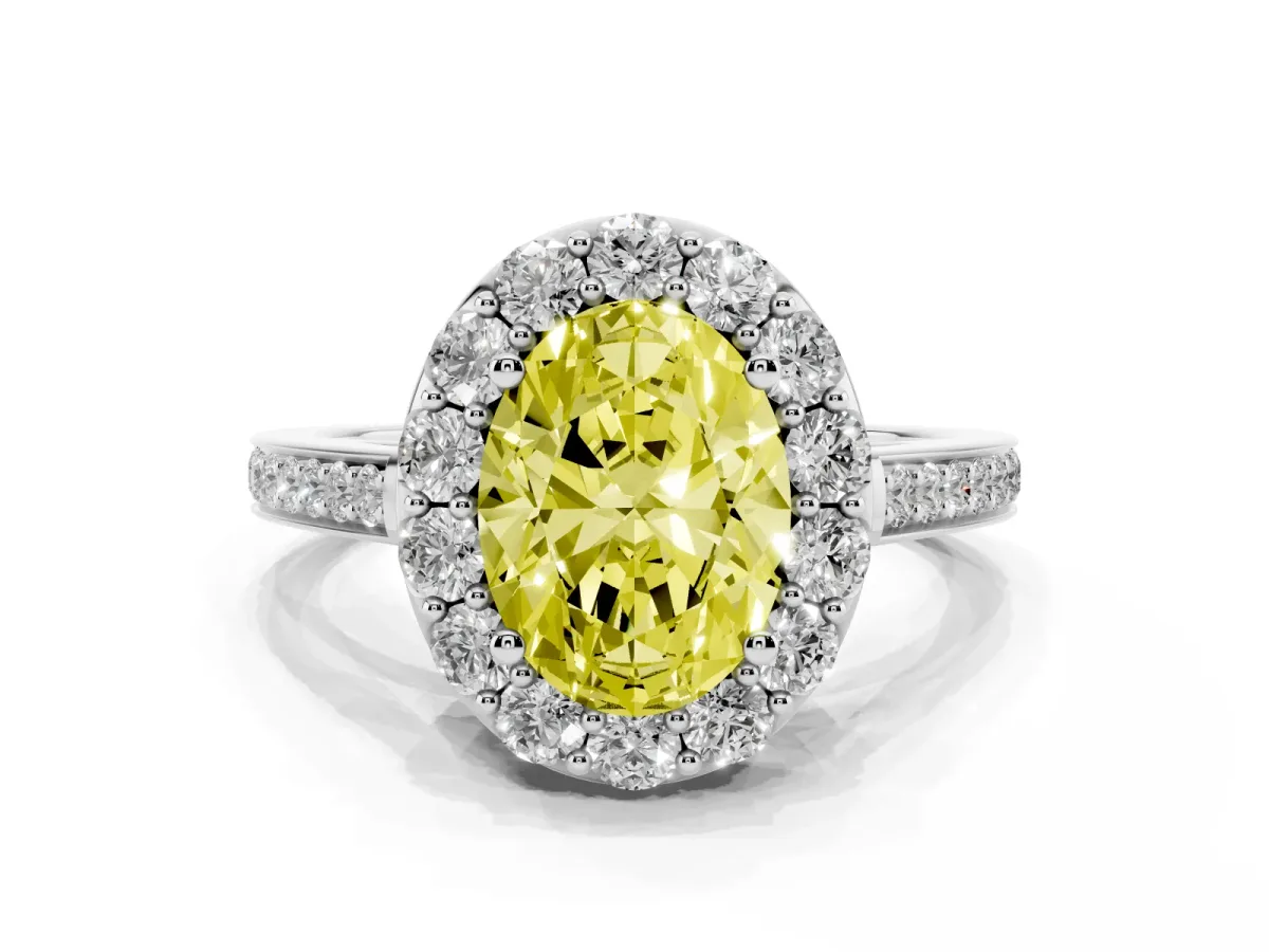 Fancy Yellow Oval Cut Diamond Floral Halo Ring with Pavé Band and Prong Setting White gold