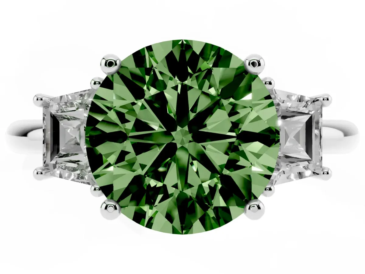 Fancy Green Round Cut Diamond Three-Stone Ring with Trapezoid Side Stones and Prong Setting Silver