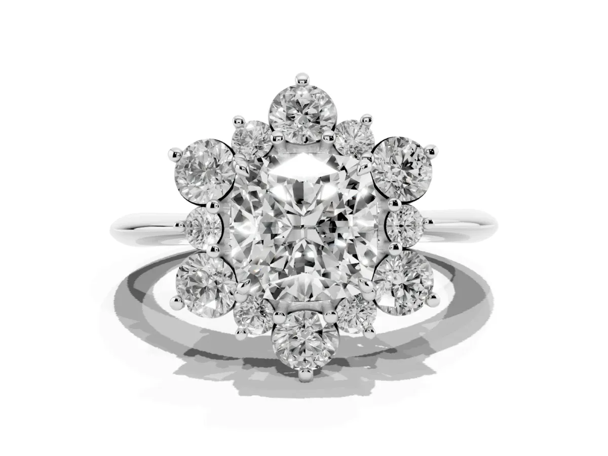 Cushion Cut Diamond Cluster Halo Ring with Solitaire Band and Four-Prong Setting Platinum