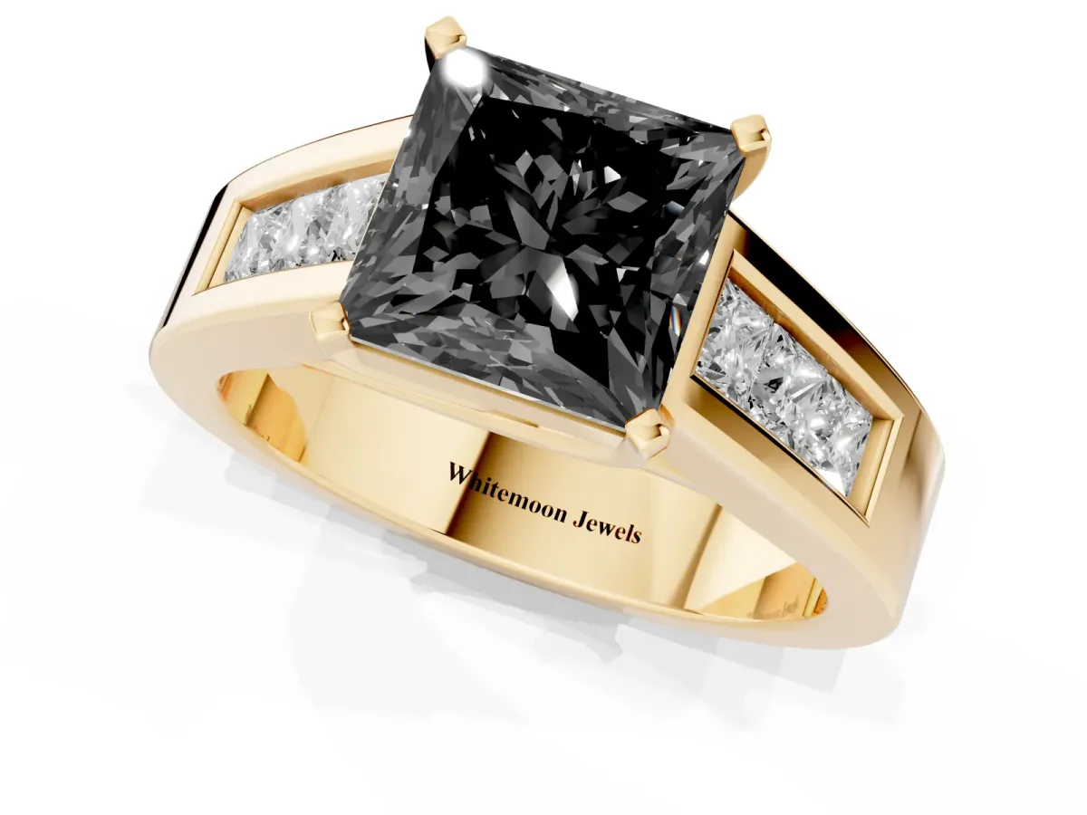 Fancy Black Princess Cut Cut Channel Set Solitaire Ring with Four-Prong Setting Yellow gold