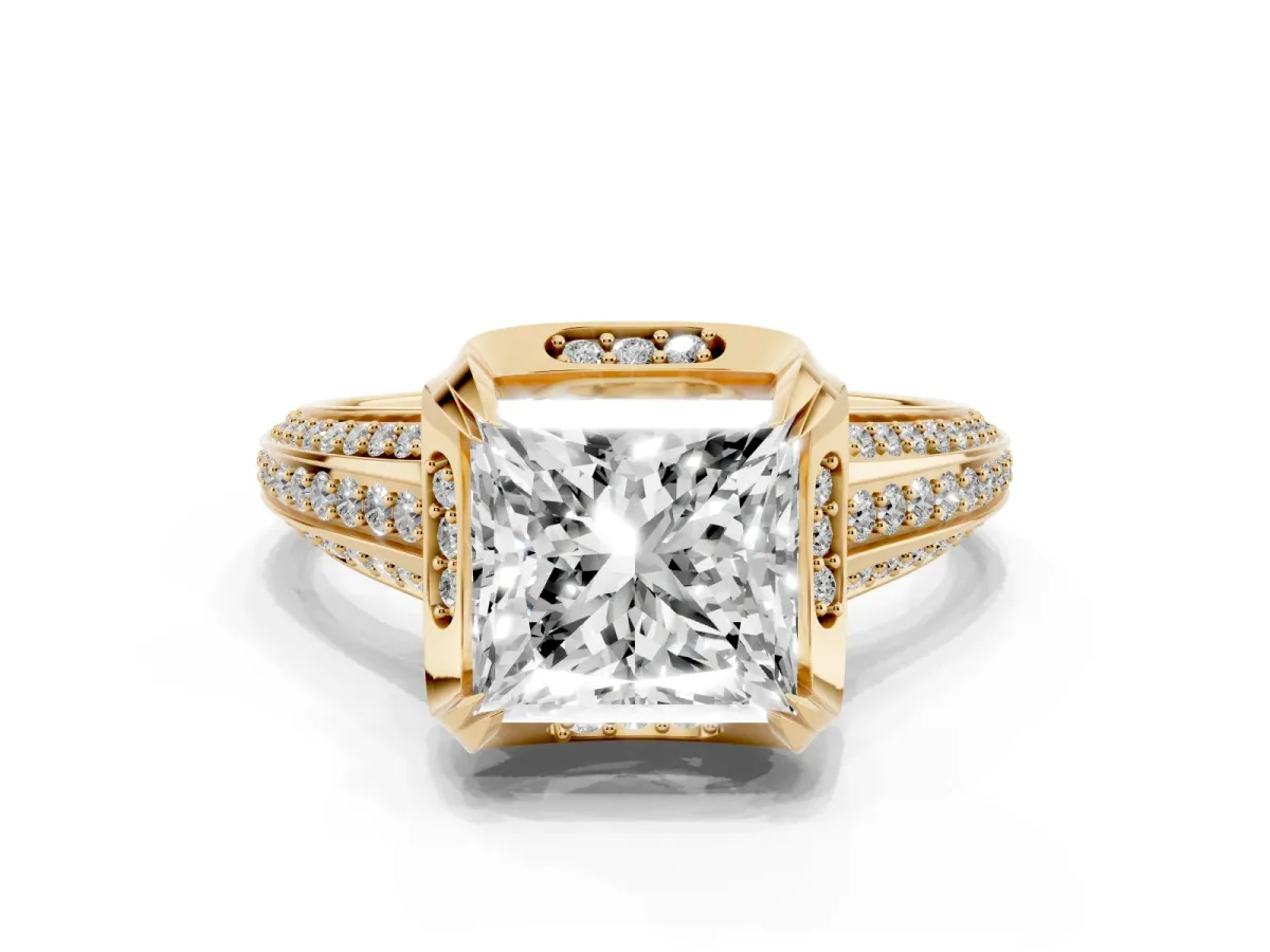 Princess Cut Solitaire Pave Split Shank Ring with Four-Prong Setting Yellow gold