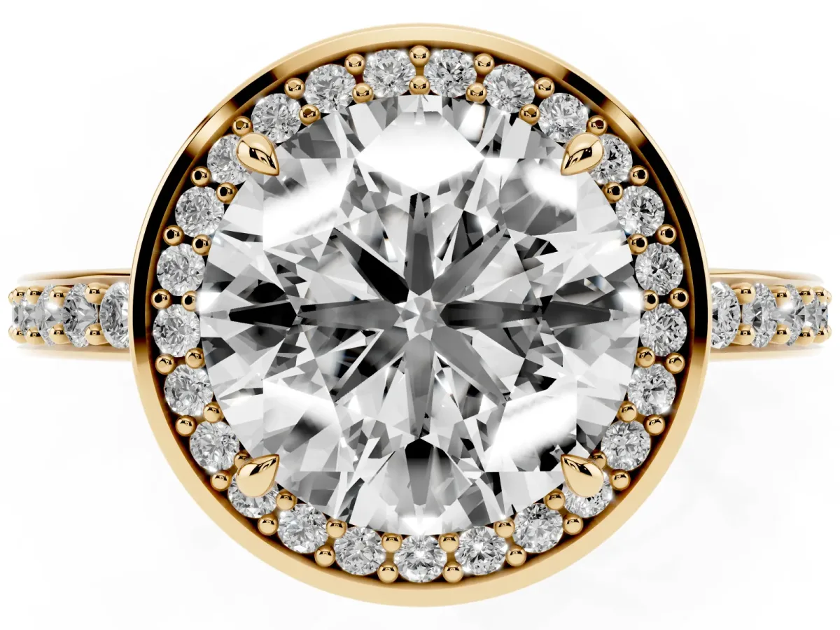 Round Cut Halo Pave Band Solitaire Ring with Prong Setting Yellow gold