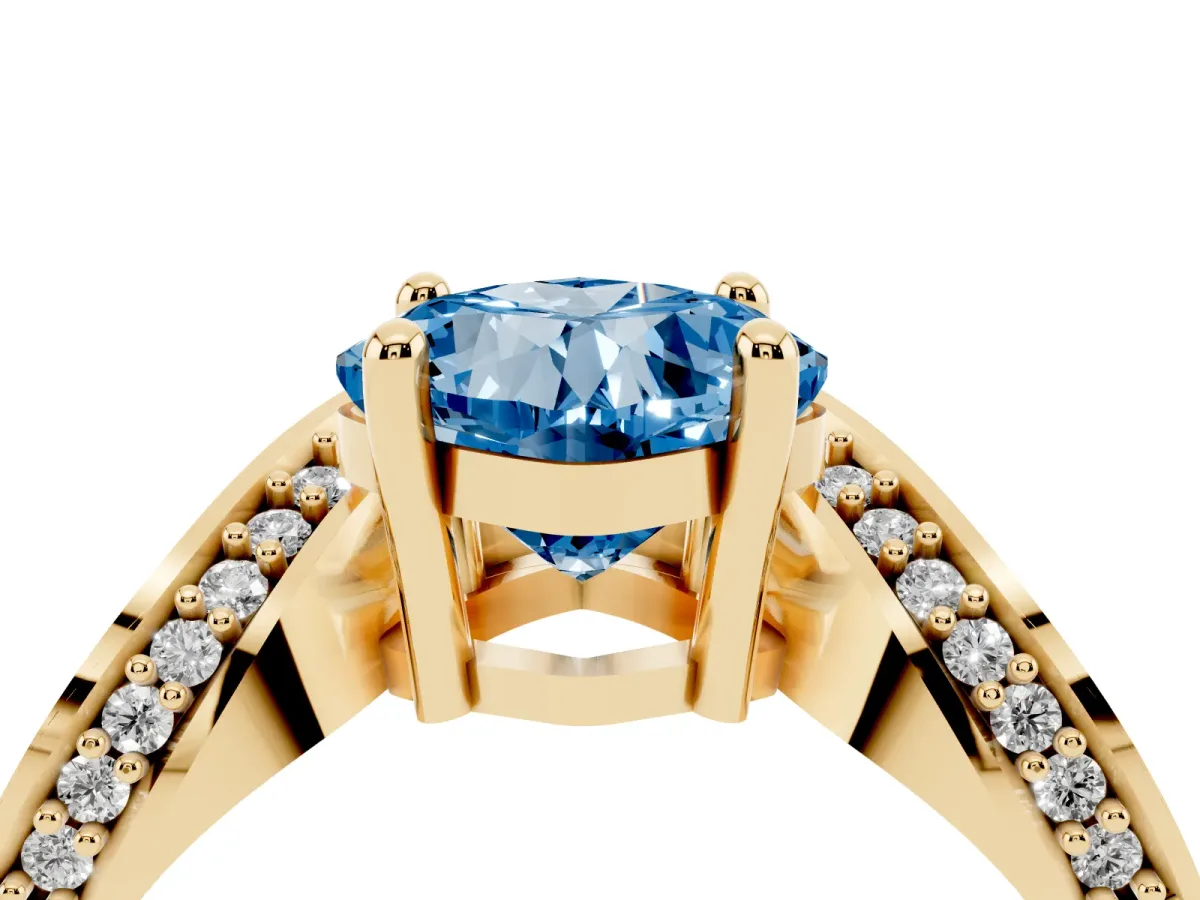 Fancy Blue Cushion Cut Solitaire Diamond Engagement Ring with Pave Band and Four-Prong Setting Yellow gold