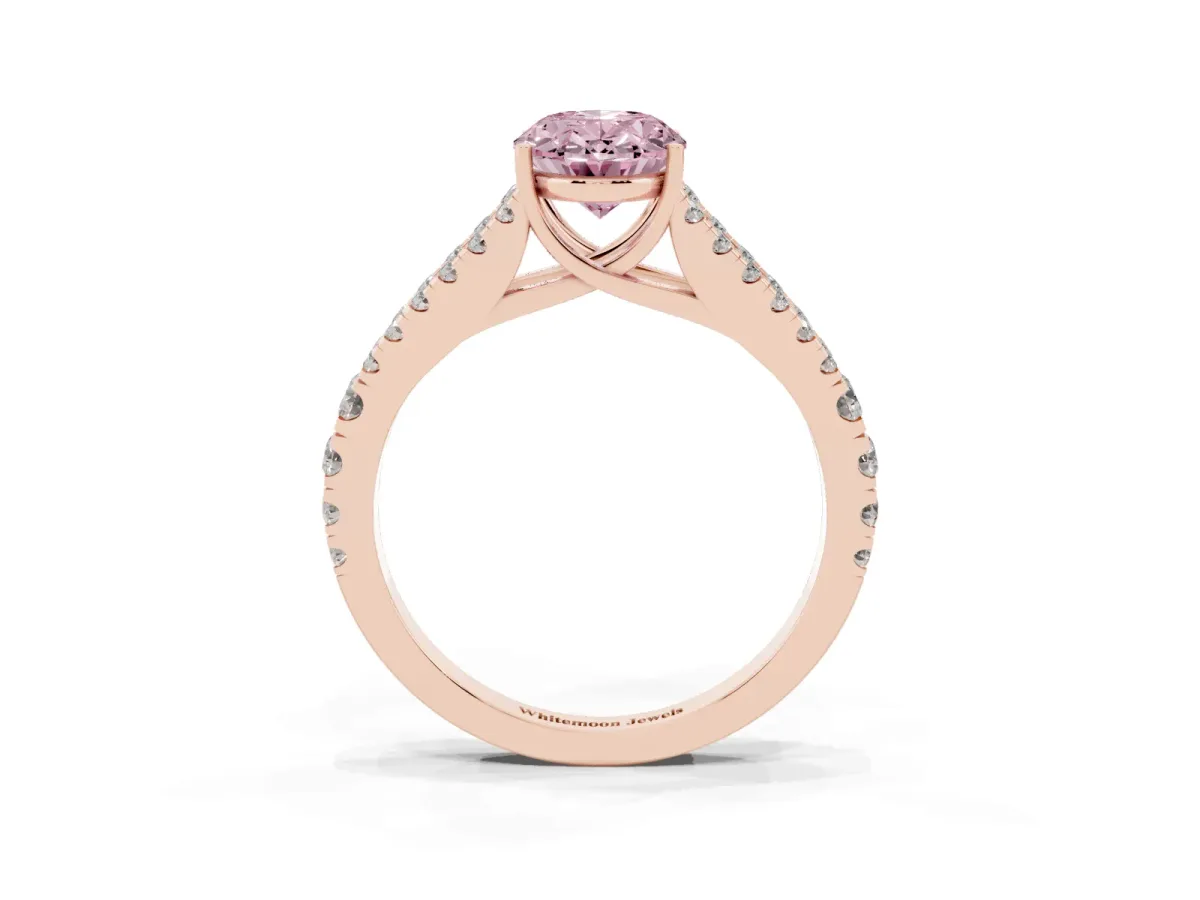 Fancy Pink Oval Cut Diamond Split Shank Engagement Ring with Round Pavé and Prong Setting Rose gold