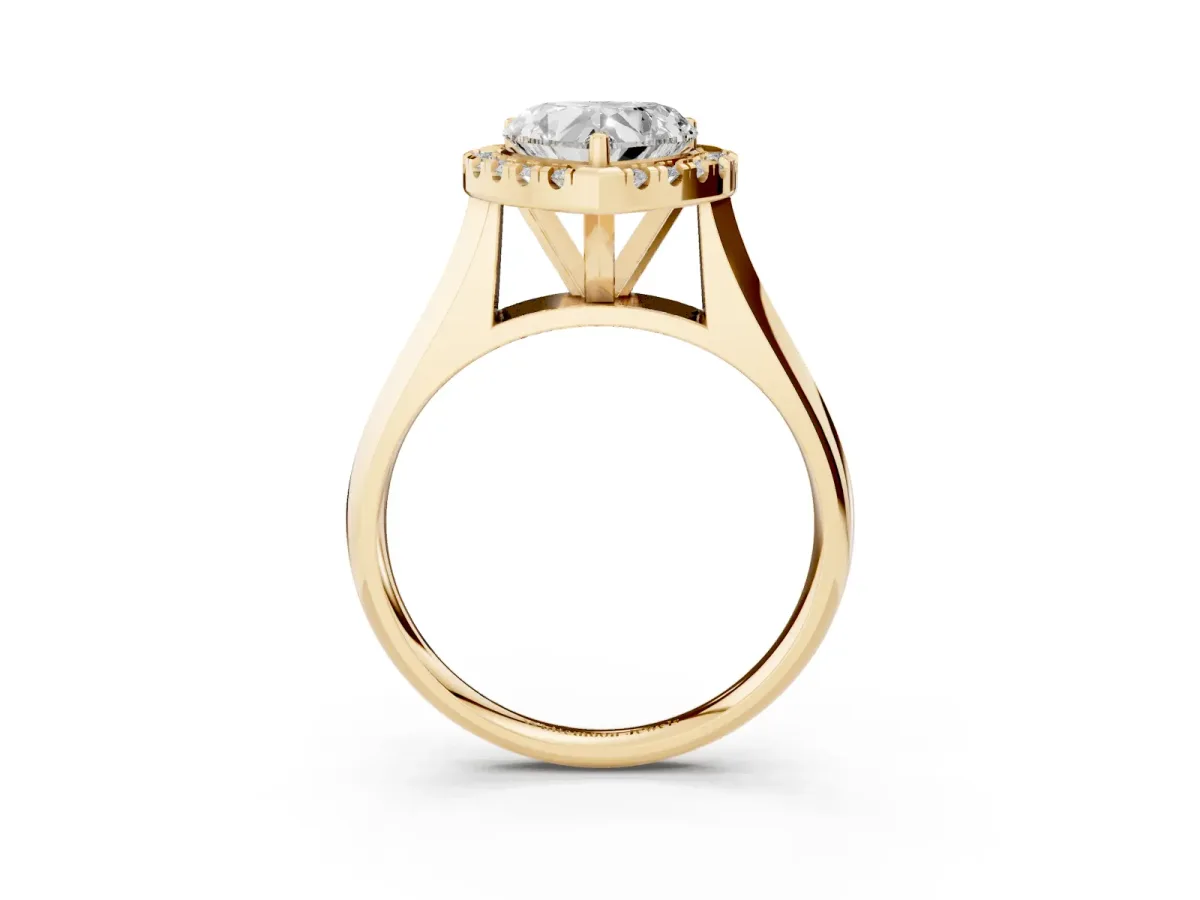 Heart Cut Cut Halo Solitaire Engagement Ring with Square Band and Four-Prong Setting Yellow gold