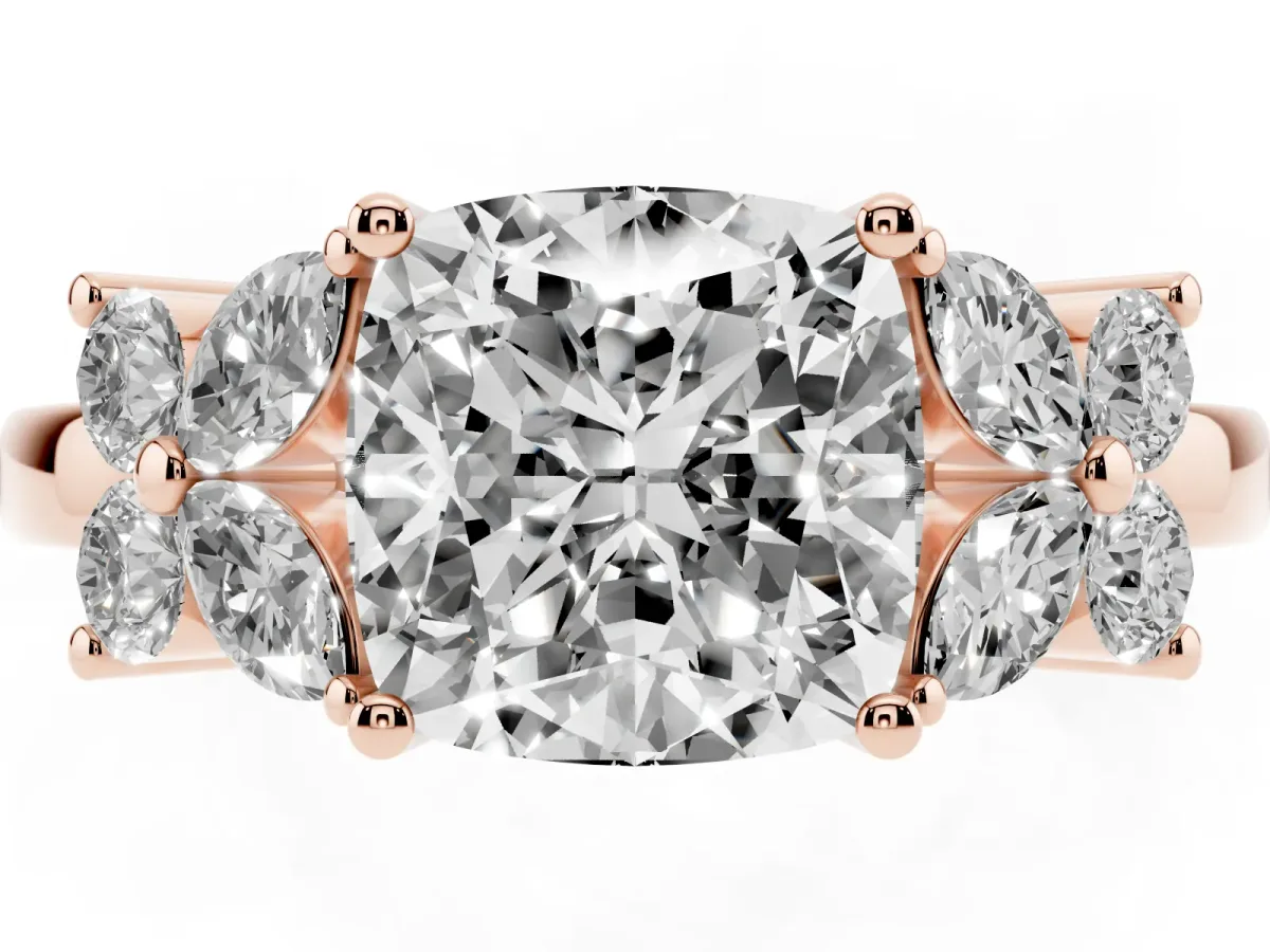 Cushion Cut Diamond Floral Cluster Ring with Solitaire Band and Prong Setting Rose gold