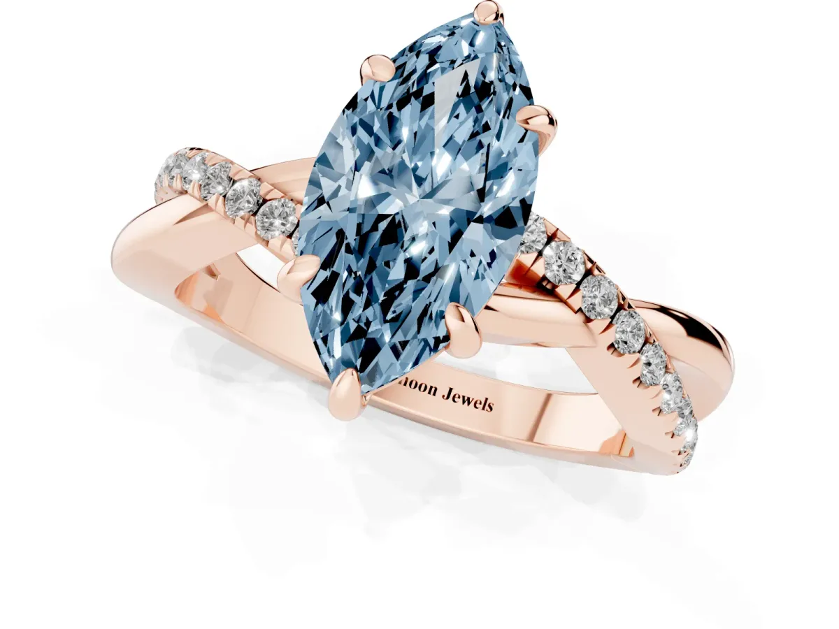 Fancy Blue Marquise Cut Cut Diamond Twist Band Solitaire with Prong Setting Rose gold