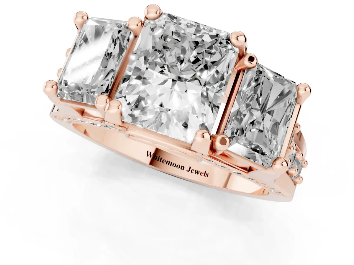 Radiant Cut Diamond Three-Stone Ring with Channel Set Band and Four-Prong Setting Rose gold